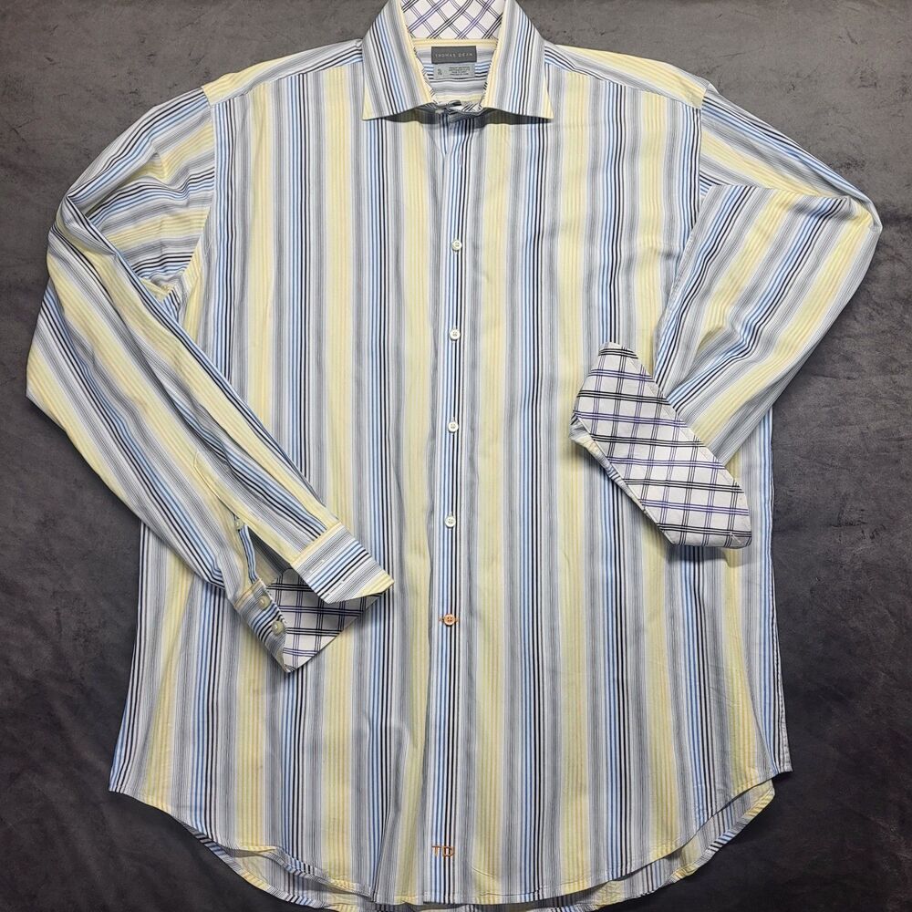 Thomas Dean Dress Shirt Mens XL Blue Yellow Stripes Contrasting Flip Cuffs